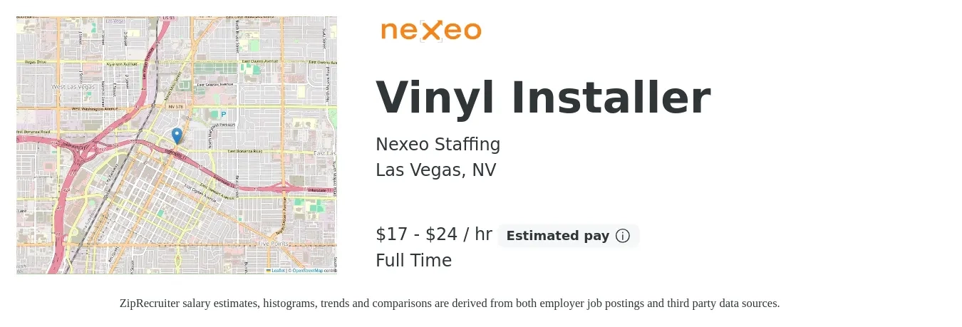 Nexeo Staffing job posting for a Vinyl Installer in Las Vegas, NV with a salary of $18 to $25 Hourly with a map of Las Vegas location.