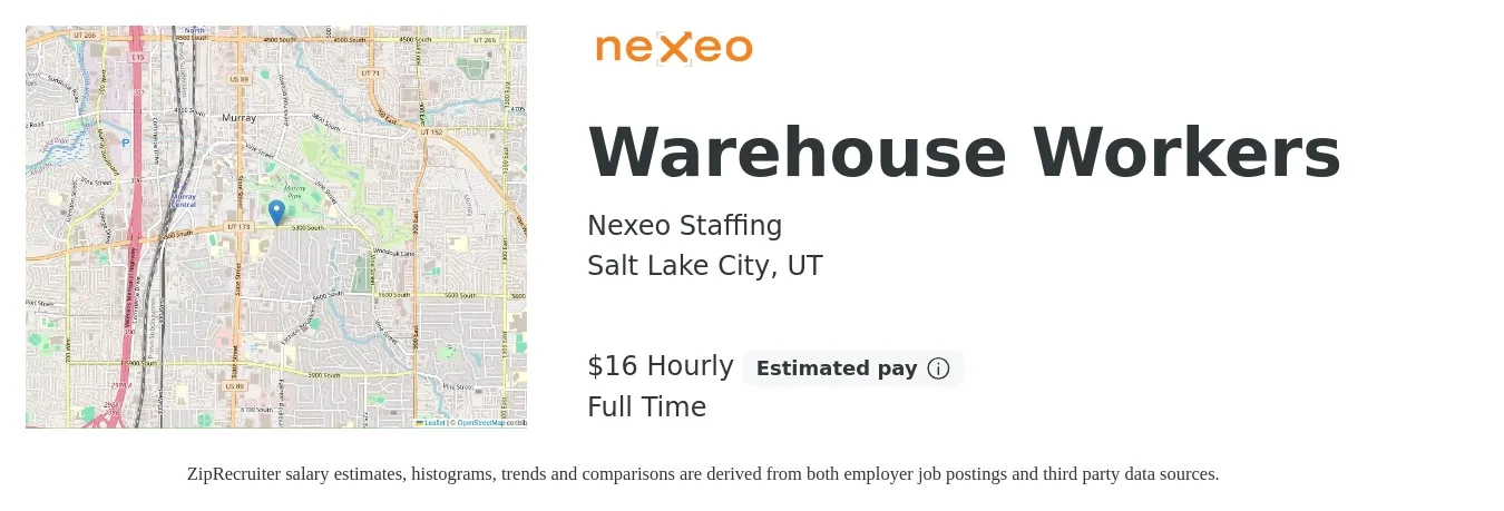 Nexeo Staffing job posting for a Warehouse Workers in Salt Lake City, UT with a salary of $17 to $18 Hourly with a map of Salt Lake City location.