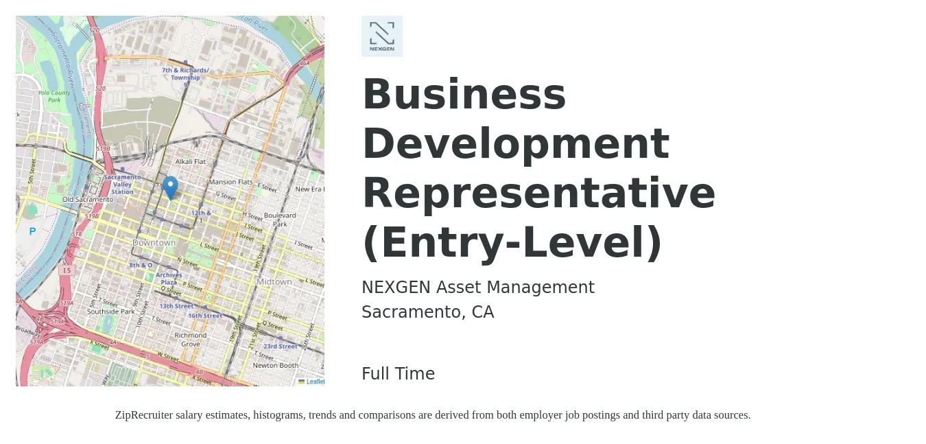 NEXGEN Asset Management job posting for a Business Development Representative (Entry-Level) in Sacramento, CA with a salary of $48,000 to $74,600 Yearly with a map of Sacramento location.