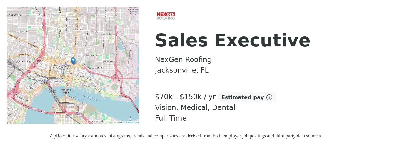 NexGen Roofing job posting for a Sales Executive in Jacksonville, FL with a salary of $70,000 to $150,000 Yearly (plus commission) and benefits including pto, vision, dental, life_insurance, and medical with a map of Jacksonville location.