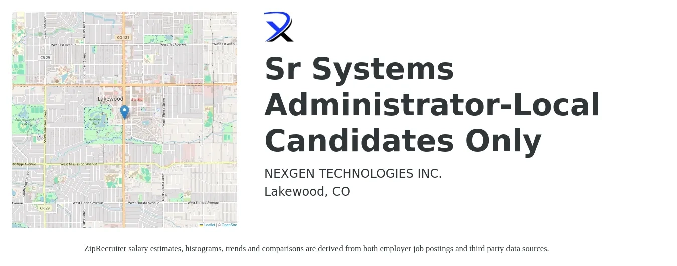 NEXGEN TECHNOLOGIES INC. job posting for a Sr Systems Administrator-Local Candidates Only in Lakewood, CO with a salary of $86,000 to $116,500 Yearly with a map of Lakewood location.