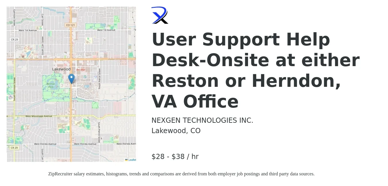 NEXGEN TECHNOLOGIES INC. job posting for a User Support Help Desk-Onsite at either Reston or Herndon, VA Office in Lakewood, CO with a salary of $30 to $40 Hourly with a map of Lakewood location.