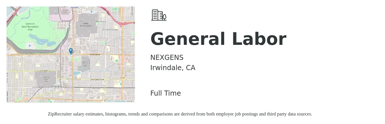 NEXGENS job posting for a General Labor in Irwindale, CA with a salary of $16 Hourly with a map of Irwindale location.