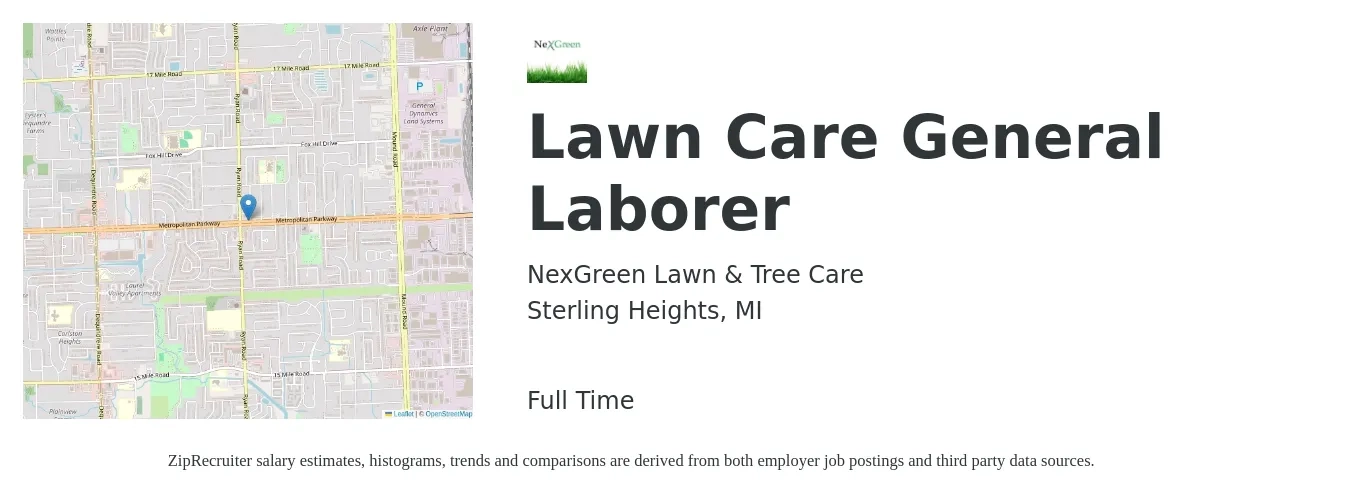 NexGreen Lawn & Tree Care job posting for a Lawn Care General Laborer in Sterling Heights, MI with a salary of $18 to $25 Hourly with a map of Sterling Heights location.