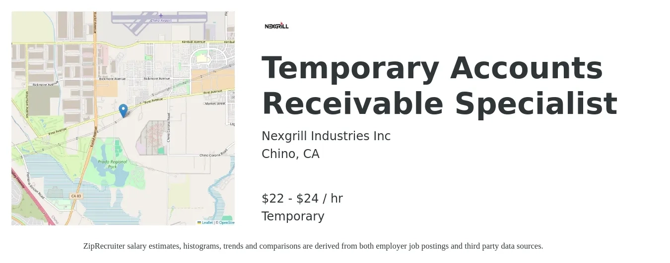 Nexgrill Industries Inc job posting for a Temporary Accounts Receivable Specialist in Chino, CA with a salary of $23 to $25 Hourly with a map of Chino location.