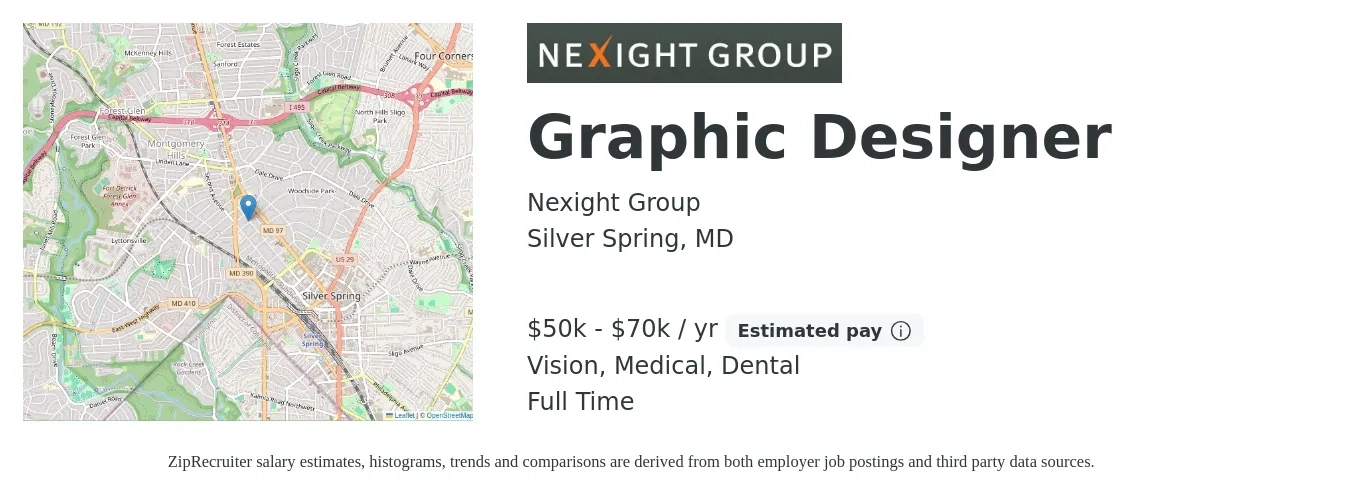 Nexight Group job posting for a Graphic Designer in Silver Spring, MD with a salary of $50,000 to $70,000 Yearly and benefits including retirement, vision, dental, and medical with a map of Silver Spring location.