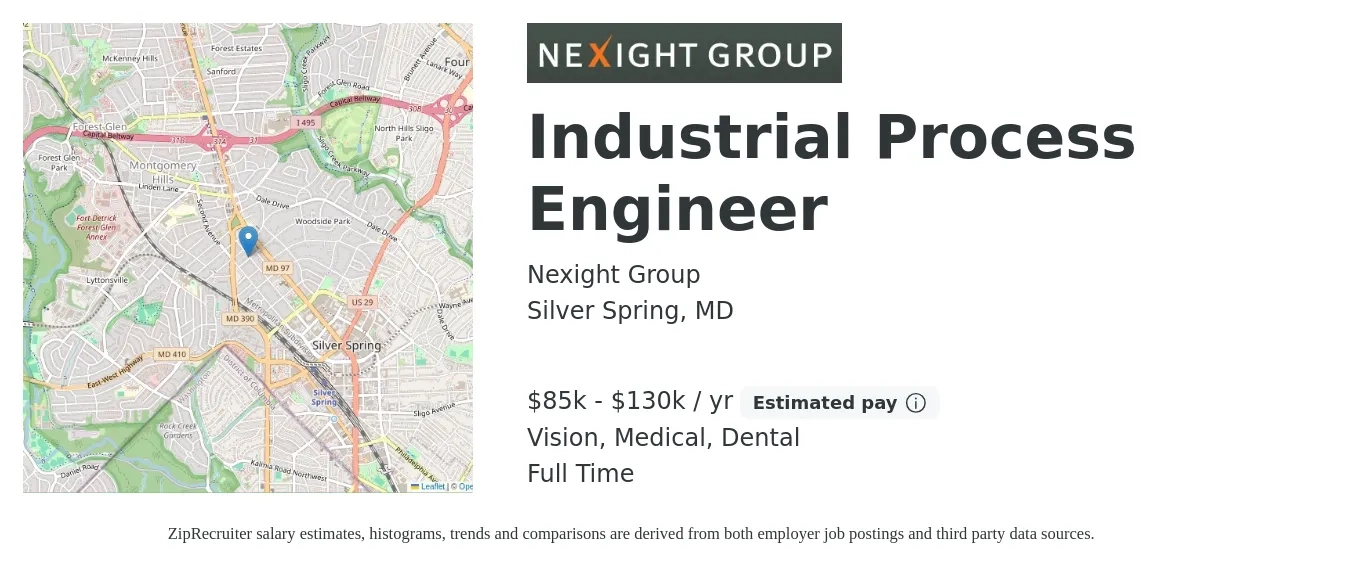 Nexight Group job posting for a Industrial Process Engineer in Silver Spring, MD with a salary of $85,000 to $130,000 Yearly and benefits including pto, retirement, vision, dental, life_insurance, and medical with a map of Silver Spring location.