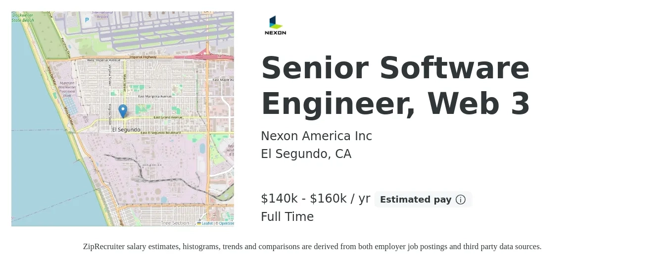 Nexon America Inc job posting for a Senior Software Engineer, Web 3 in El Segundo, CA with a salary of $130,000 to $145,000 Yearly with a map of El Segundo location.