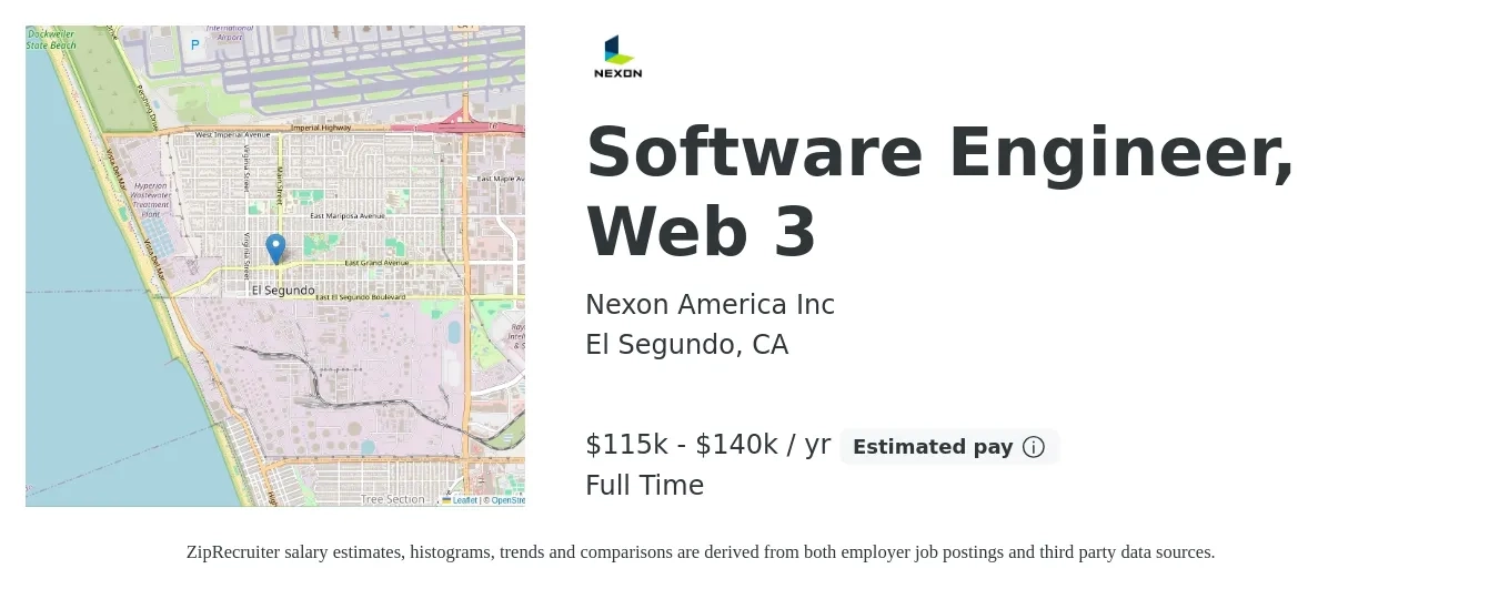 Nexon America Inc job posting for a Software Engineer, Web 3 in El Segundo, CA with a salary of $115,000 to $130,000 Yearly with a map of El Segundo location.