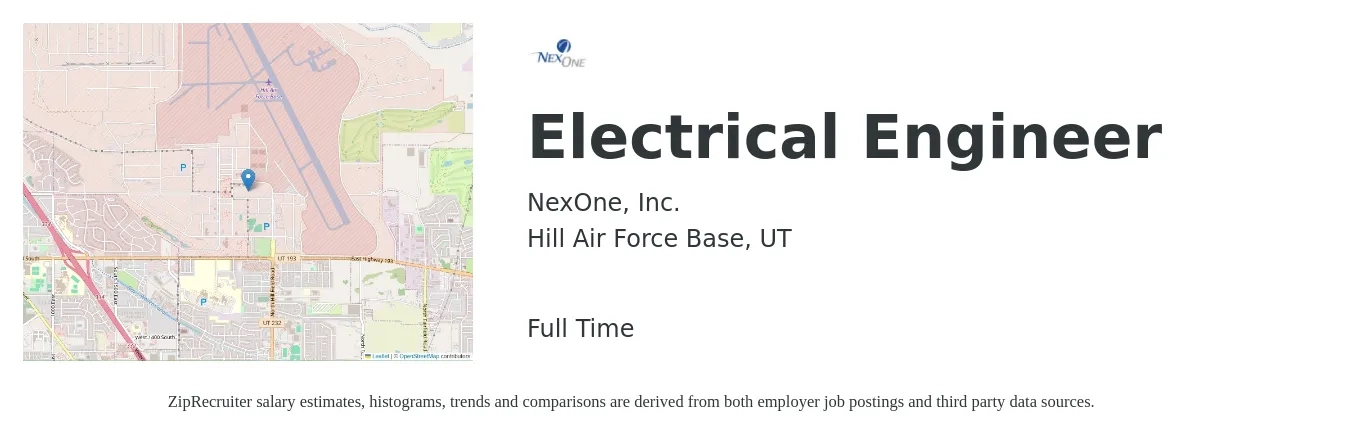 NexOne, Inc. job posting for a Electrical Engineer in Hill Air Force Base, UT with a salary of $76,300 to $121,400 Yearly with a map of Hill Air Force Base location.