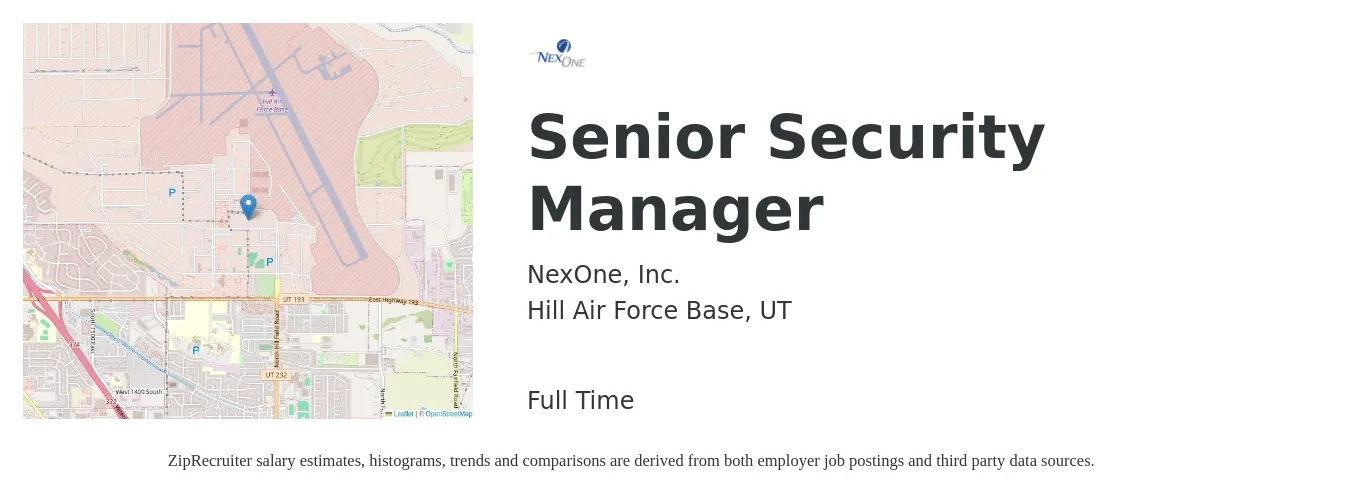 NexOne, Inc. job posting for a Senior Security Manager in Hill Air Force Base, UT with a salary of $18 to $28 Hourly with a map of Hill Air Force Base location.