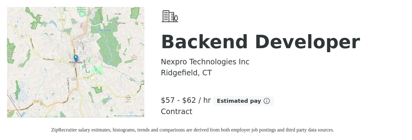 Nexpro Technologies Inc job posting for a Backend Developer in Ridgefield, CT with a salary of $60 to $65 Hourly with a map of Ridgefield location.