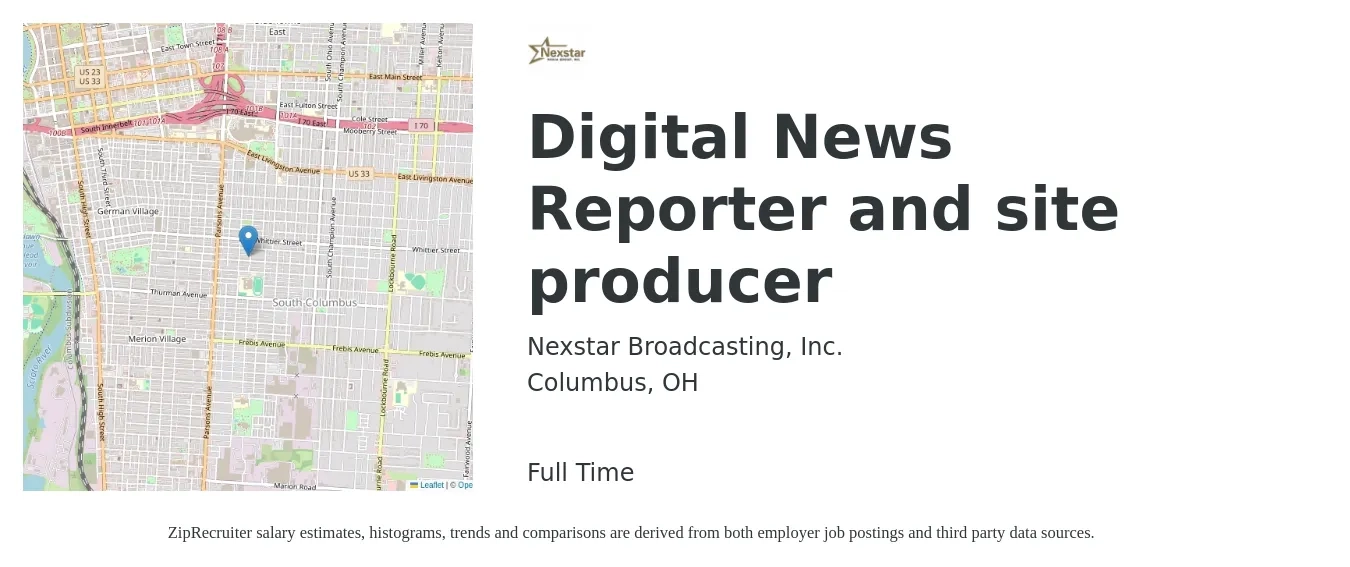 Nexstar Broadcasting, Inc. job posting for a Digital News Reporter and site producer in Columbus, OH with a salary of $18 to $23 Hourly with a map of Columbus location.
