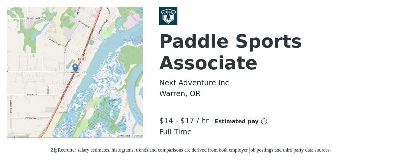Next Adventure Inc job posting for a Paddle Sports Associate in Warren, OR with a salary of $15 to $18 Hourly with a map of Warren location.