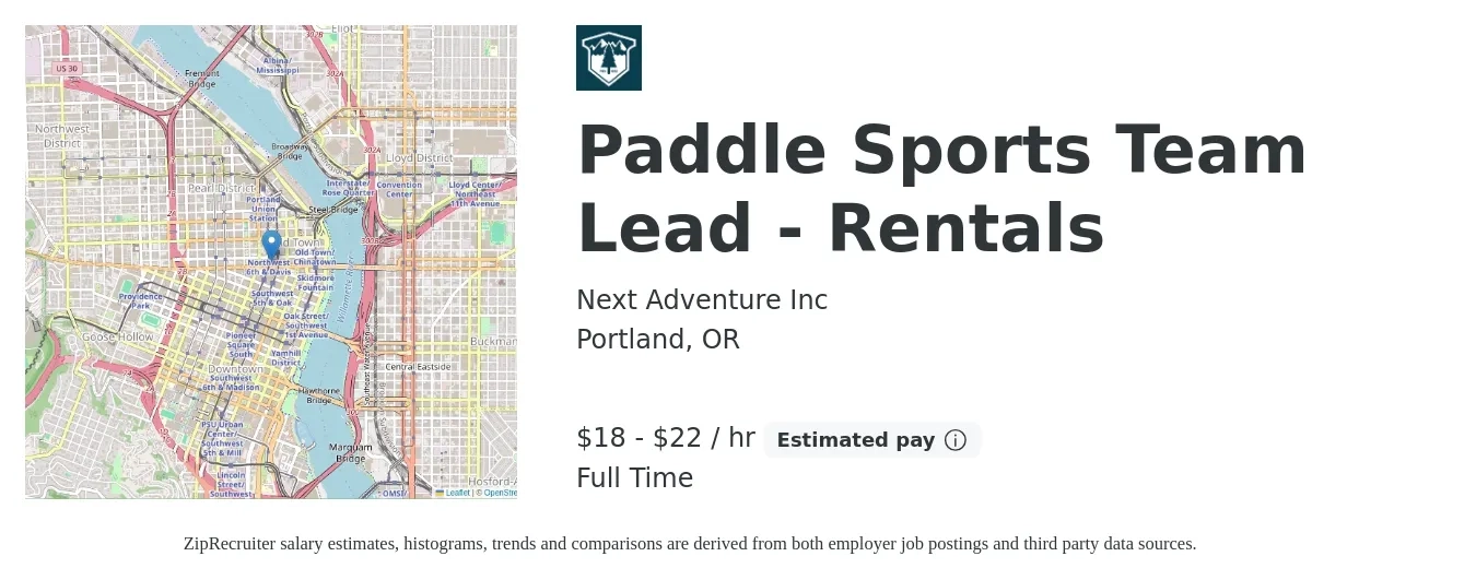 Next Adventure Inc job posting for a Paddle Sports Team Lead - Rentals in Portland, OR with a salary of $19 to $23 Hourly with a map of Portland location.