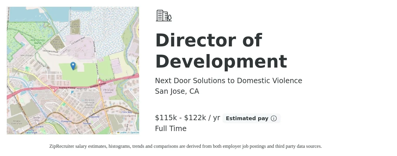 Next Door Solutions to Domestic Violence job posting for a Director of Development in San Jose, CA with a salary of $115,000 to $122,000 Yearly with a map of San Jose location.