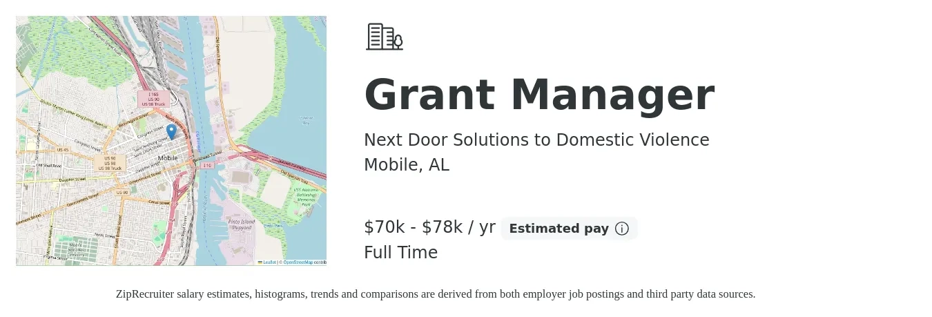 Next Door Solutions to Domestic Violence job posting for a Grant Manager in Mobile, AL with a salary of $70,000 to $78,000 Yearly with a map of Mobile location.
