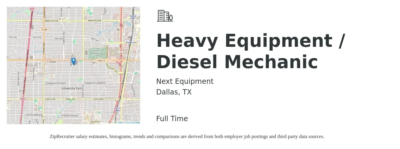 Next Equipment job posting for a Heavy Equipment / Diesel Mechanic in Dallas, TX with a salary of $800 to $1,500 Weekly with a map of Dallas location.
