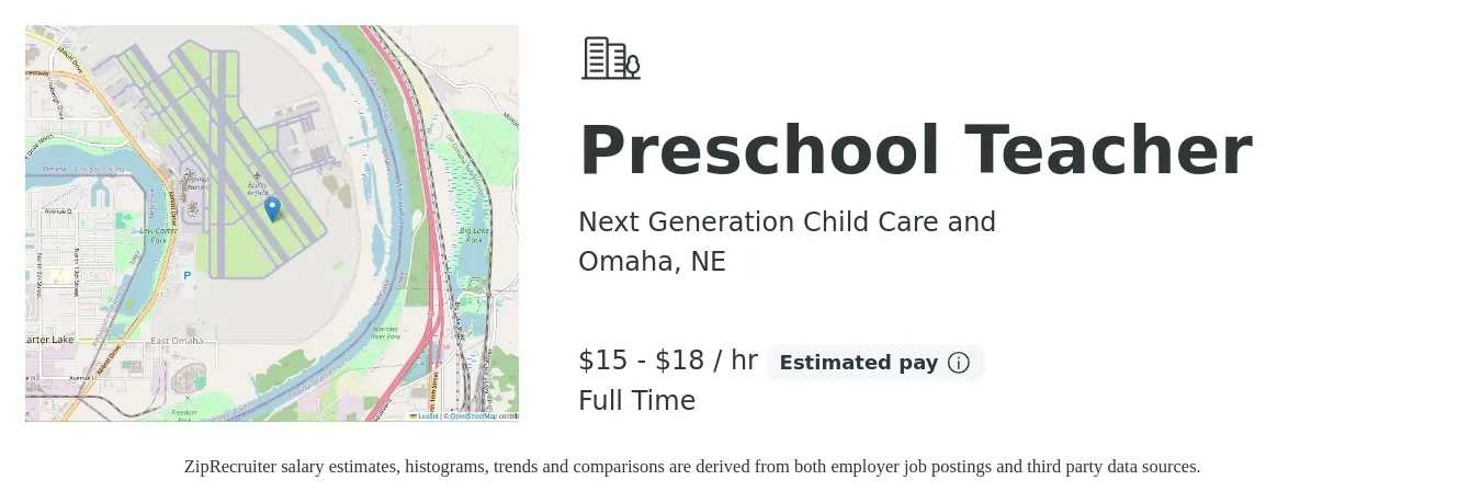 Next Generation Child Care and job posting for a Preschool Teacher in Omaha, NE with a salary of $16 to $19 Hourly with a map of Omaha location.