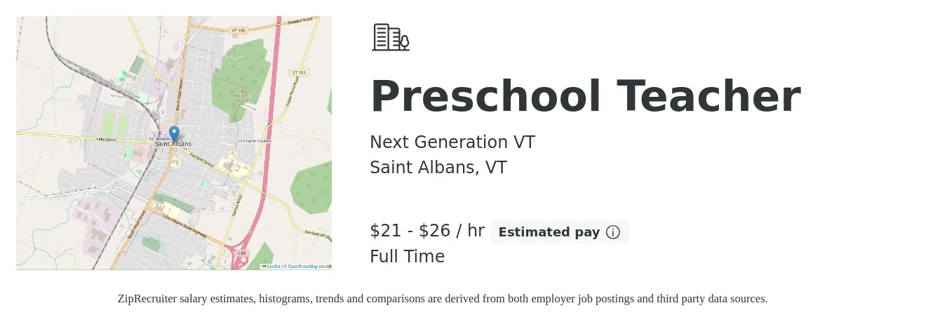 Next Generation VT job posting for a Preschool Teacher in Saint Albans, VT with a salary of $22 to $28 Hourly with a map of Saint Albans location.