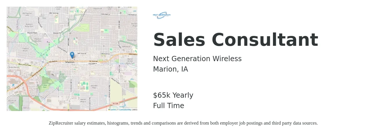 Next Generation Wireless job posting for a Sales Consultant in Marion, IA with a salary of $65,000 Yearly with a map of Marion location.