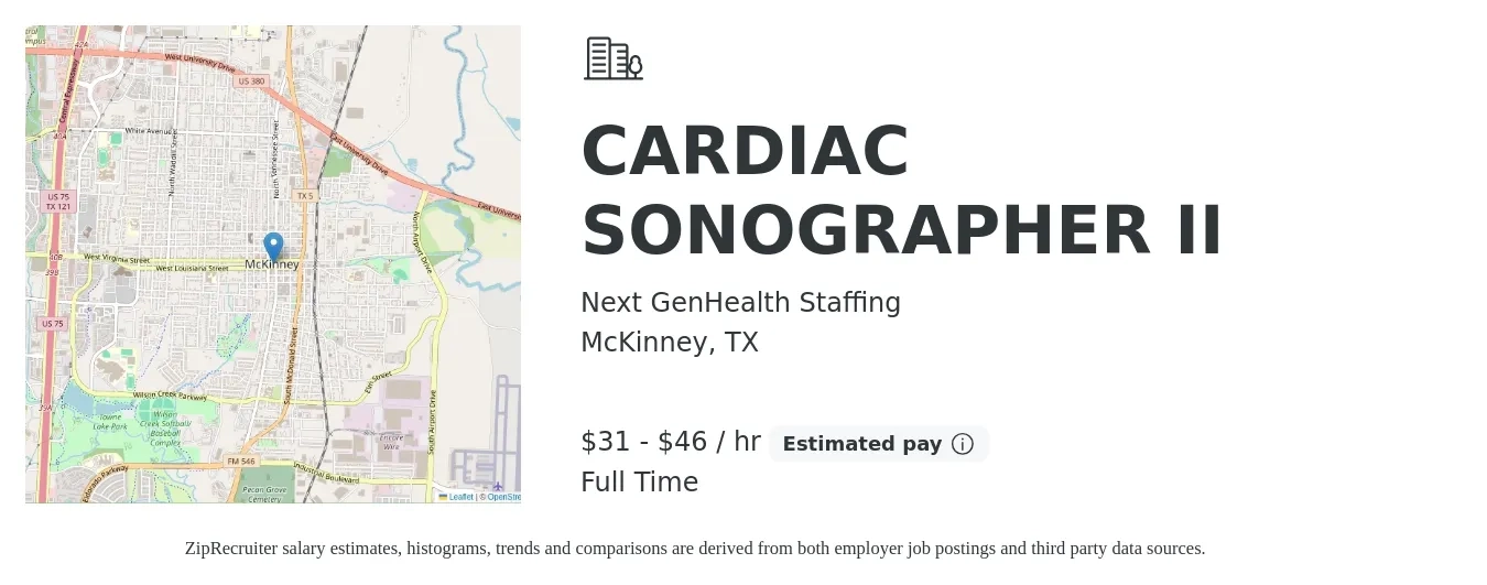 Next GenHealth Staffing job posting for a CARDIAC SONOGRAPHER II in McKinney, TX with a salary of $33 to $48 Hourly with a map of McKinney location.