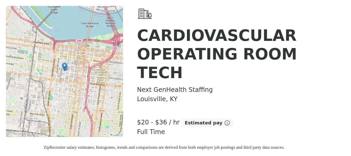 Next GenHealth Staffing job posting for a CARDIOVASCULAR OPERATING ROOM TECH in Louisville, KY with a salary of $22 to $38 Hourly with a map of Louisville location.