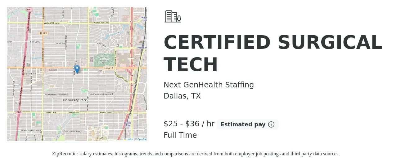 Next GenHealth Staffing job posting for a CERTIFIED SURGICAL TECH in Dallas, TX with a salary of $27 to $38 Hourly with a map of Dallas location.