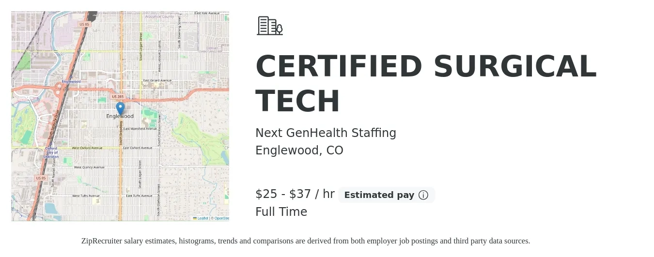 Next GenHealth Staffing job posting for a CERTIFIED SURGICAL TECH in Englewood, CO with a salary of $26 to $39 Hourly with a map of Englewood location.
