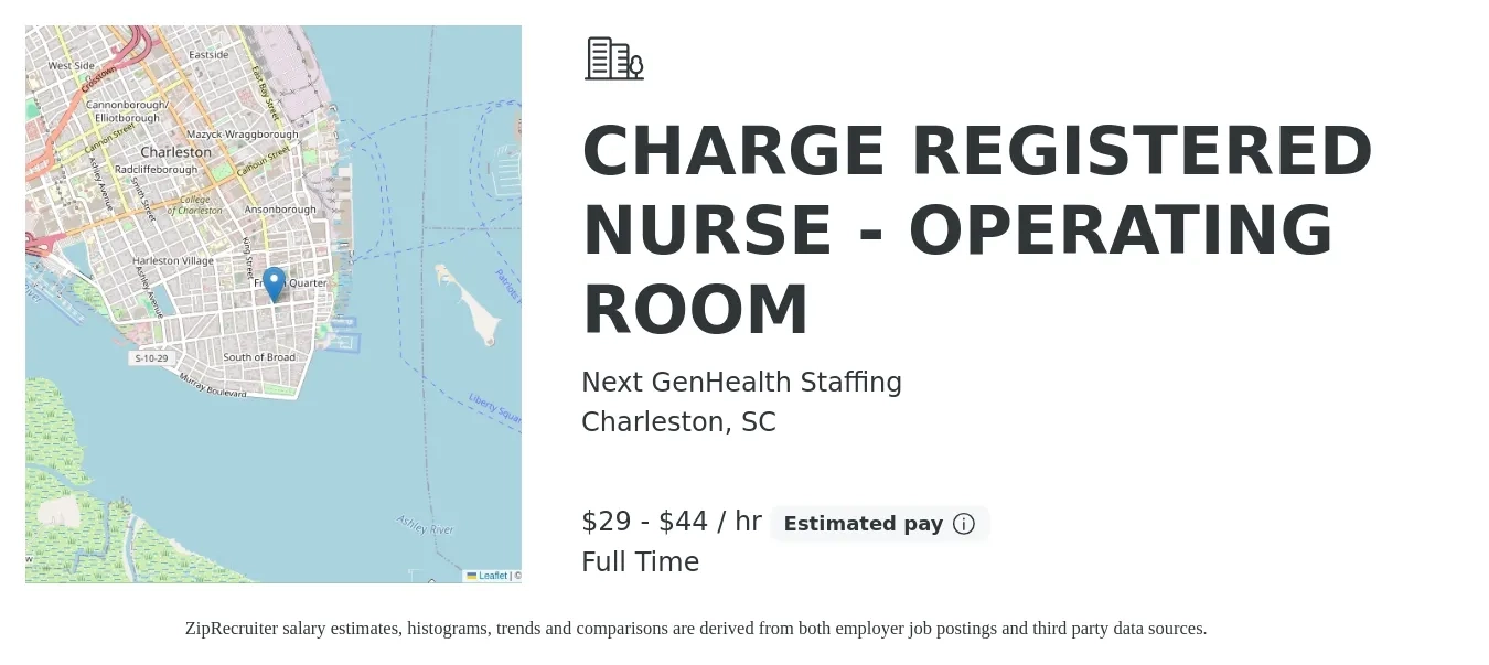 Next GenHealth Staffing job posting for a CHARGE REGISTERED NURSE - OPERATING ROOM in Charleston, SC with a salary of $31 to $46 Hourly with a map of Charleston location.