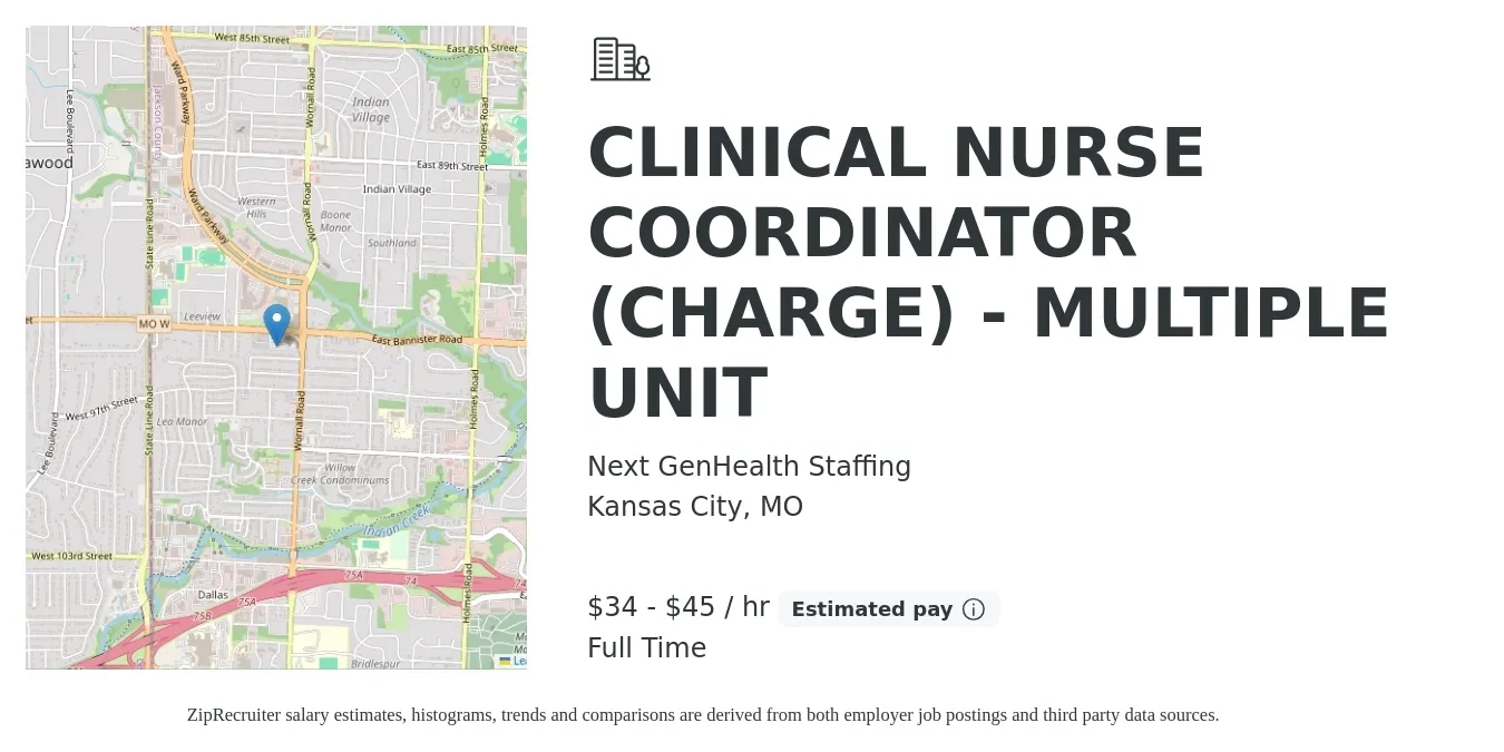 Next GenHealth Staffing job posting for a CLINICAL NURSE COORDINATOR (CHARGE) - MULTIPLE UNIT in Kansas City, MO with a salary of $36 to $48 Hourly with a map of Kansas City location.