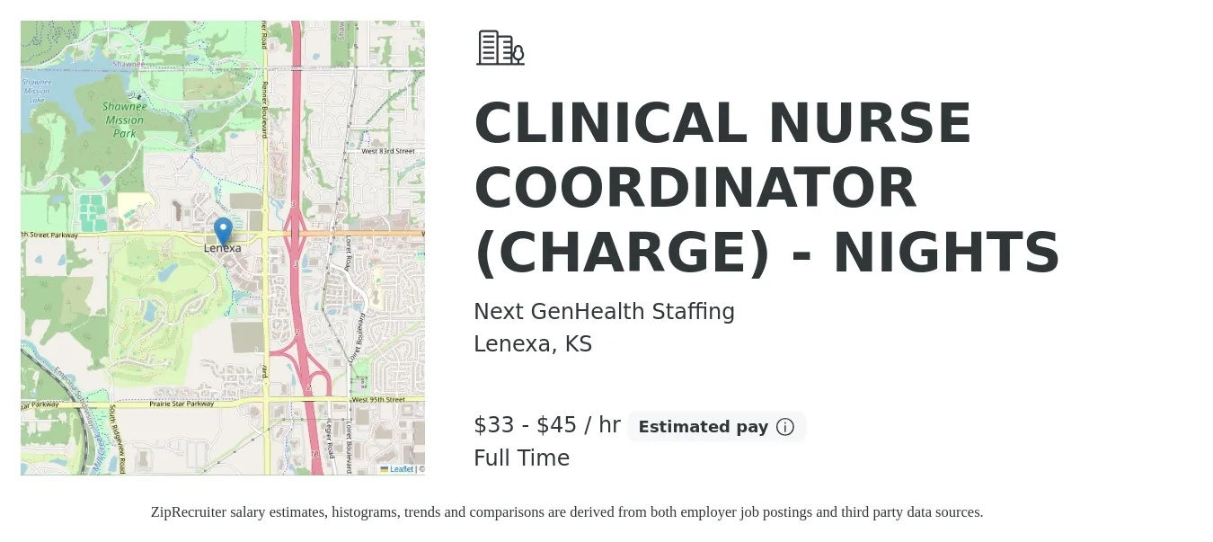 Next GenHealth Staffing job posting for a CLINICAL NURSE COORDINATOR (CHARGE) - NIGHTS in Lenexa, KS with a salary of $35 to $48 Hourly with a map of Lenexa location.