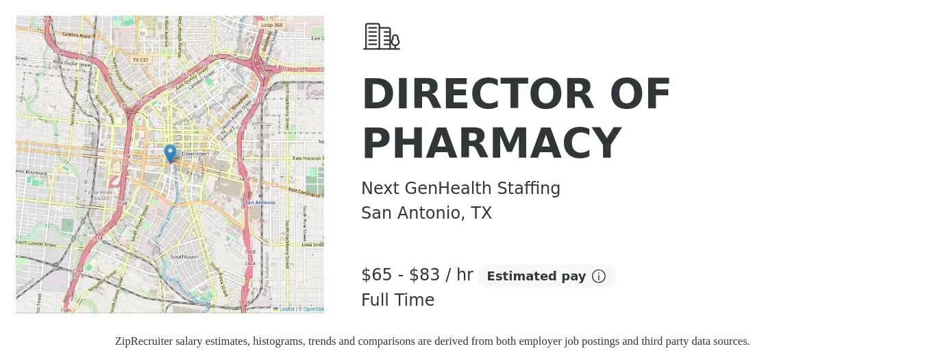 Next GenHealth Staffing job posting for a DIRECTOR OF PHARMACY in San Antonio, TX with a salary of $68 to $87 Hourly with a map of San Antonio location.