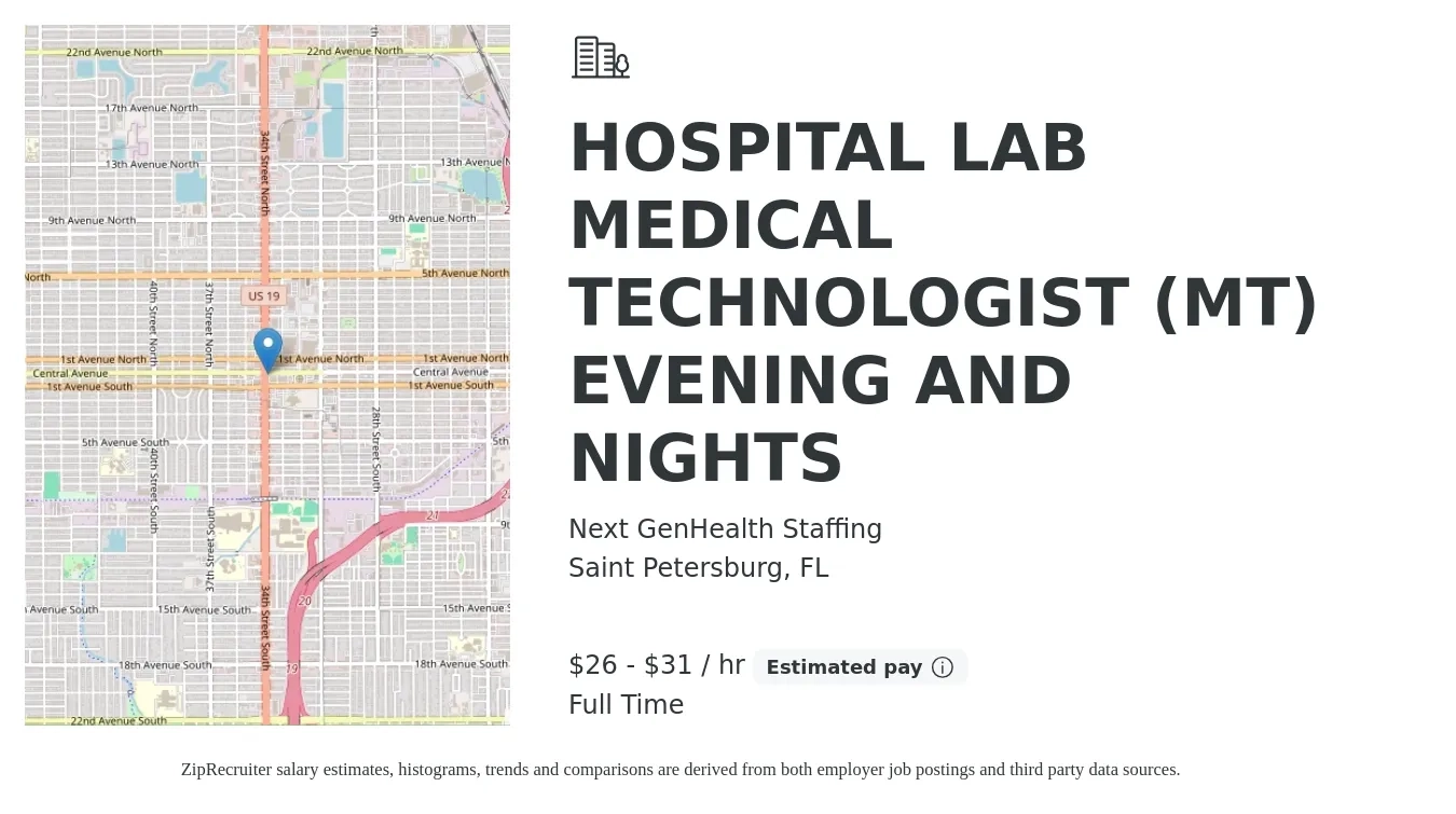Next GenHealth Staffing job posting for a HOSPITAL LAB MEDICAL TECHNOLOGIST (MT) EVENING AND NIGHTS in Saint Petersburg, FL with a salary of $27 to $33 Hourly with a map of Saint Petersburg location.