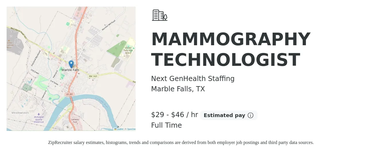 Next GenHealth Staffing job posting for a MAMMOGRAPHY TECHNOLOGIST in Marble Falls, TX with a salary of $31 to $48 Hourly with a map of Marble Falls location.