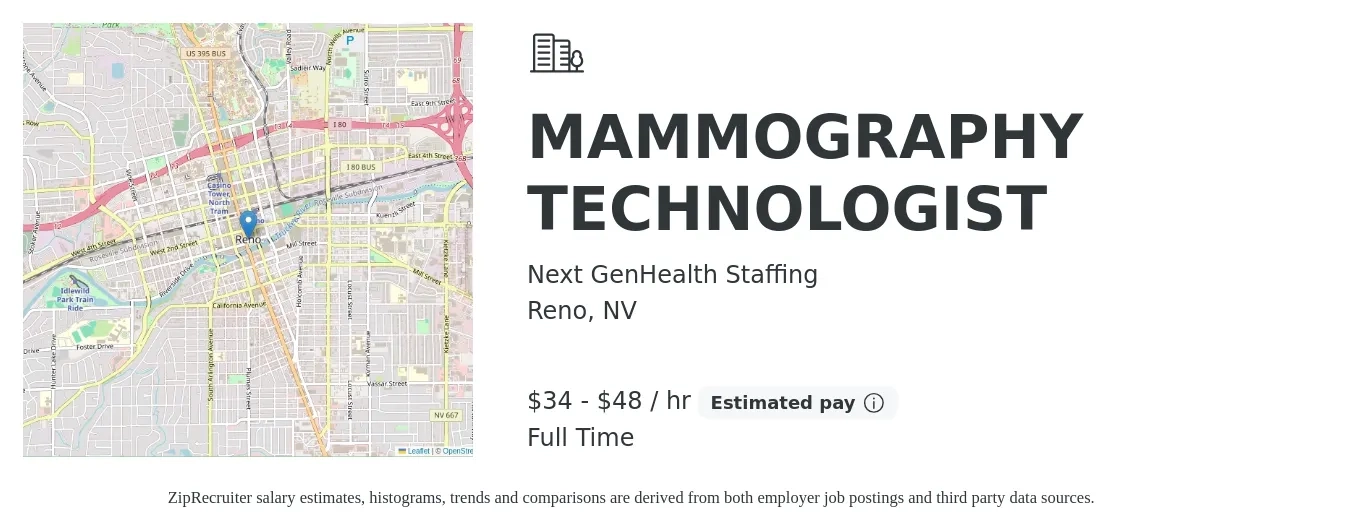 Next GenHealth Staffing job posting for a MAMMOGRAPHY TECHNOLOGIST in Reno, NV with a salary of $36 to $51 Hourly with a map of Reno location.