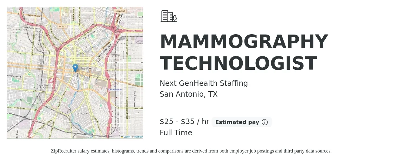 Next GenHealth Staffing job posting for a MAMMOGRAPHY TECHNOLOGIST in San Antonio, TX with a salary of $27 to $37 Hourly with a map of San Antonio location.
