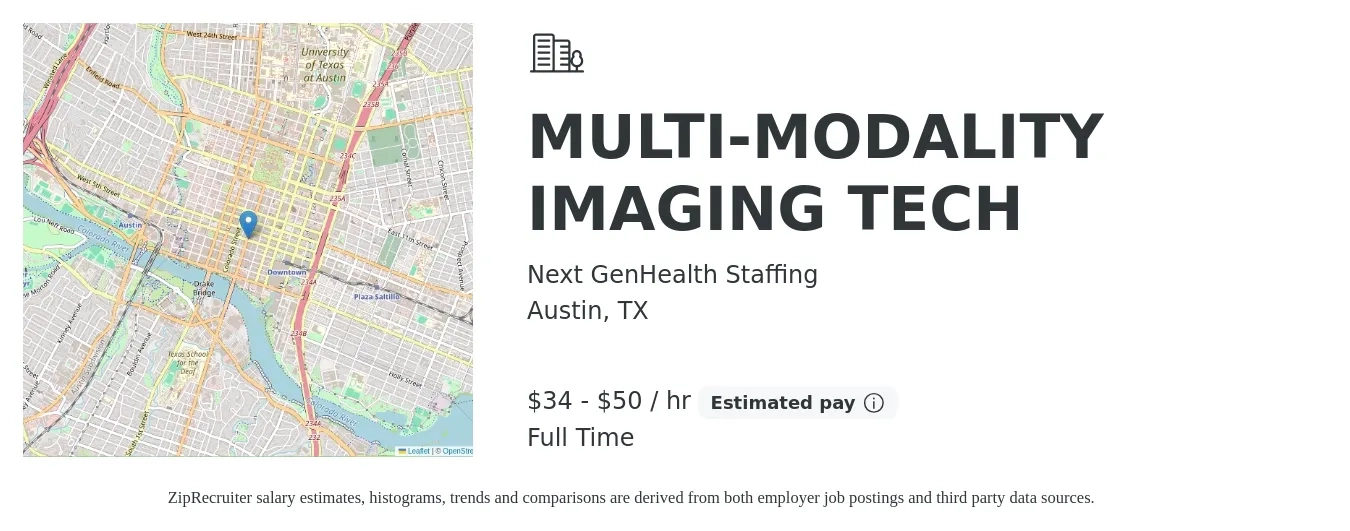 Next GenHealth Staffing job posting for a MULTI-MODALITY IMAGING TECH in Austin, TX with a salary of $36 to $52 Hourly with a map of Austin location.
