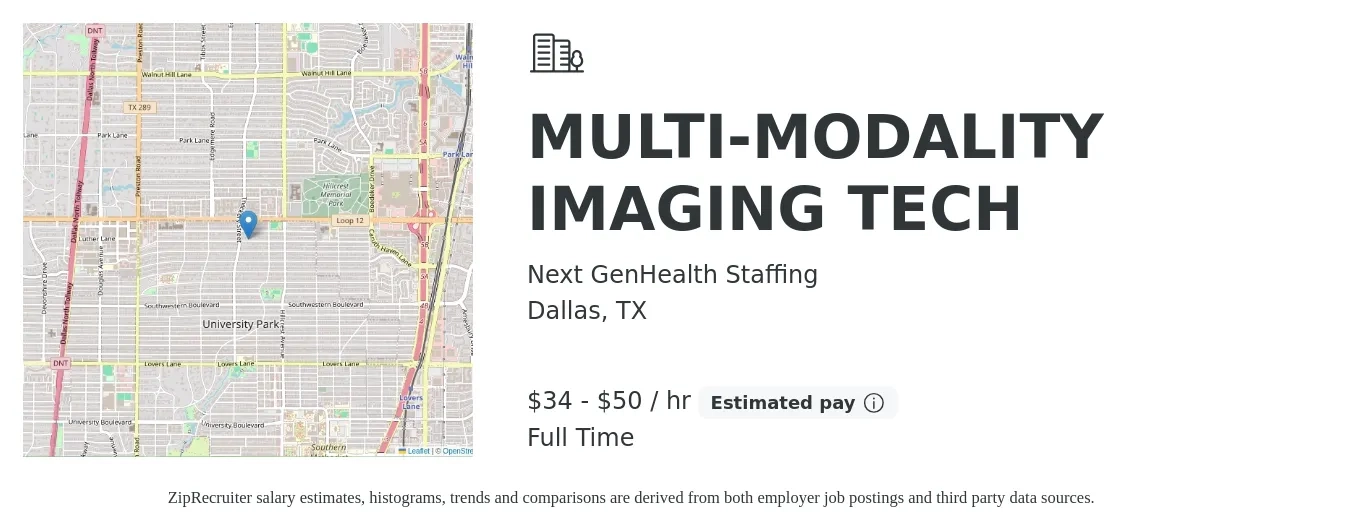 Next GenHealth Staffing job posting for a MULTI-MODALITY IMAGING TECH in Dallas, TX with a salary of $36 to $53 Hourly with a map of Dallas location.