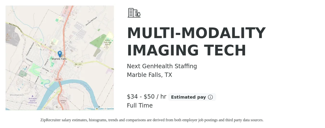 Next GenHealth Staffing job posting for a MULTI-MODALITY IMAGING TECH in Marble Falls, TX with a salary of $36 to $52 Hourly with a map of Marble Falls location.