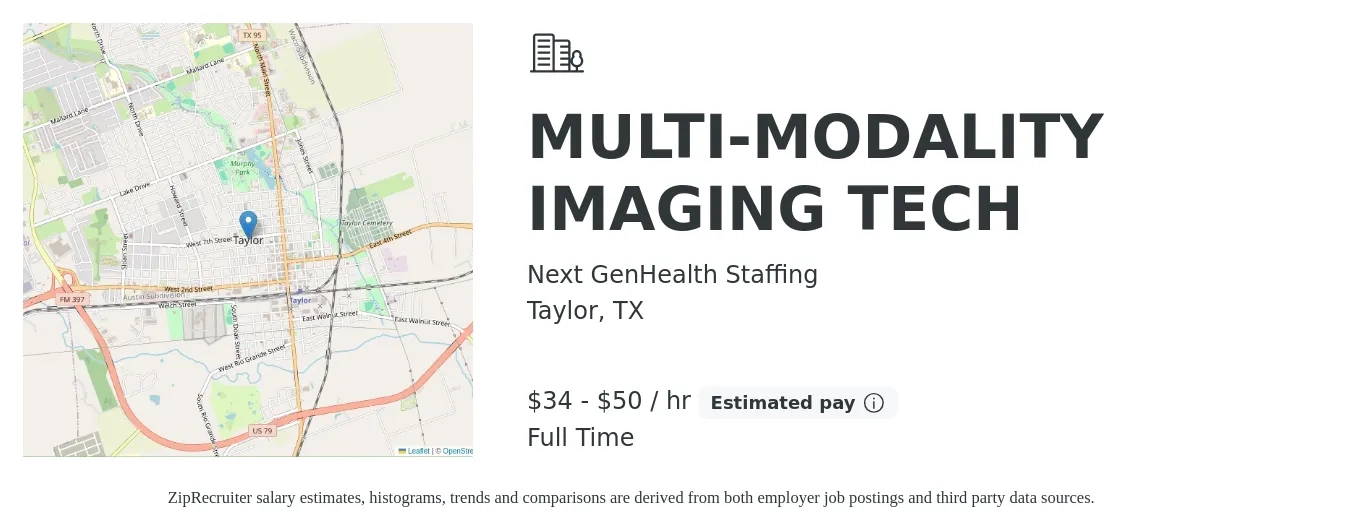 Next GenHealth Staffing job posting for a MULTI-MODALITY IMAGING TECH in Taylor, TX with a salary of $36 to $52 Hourly with a map of Taylor location.