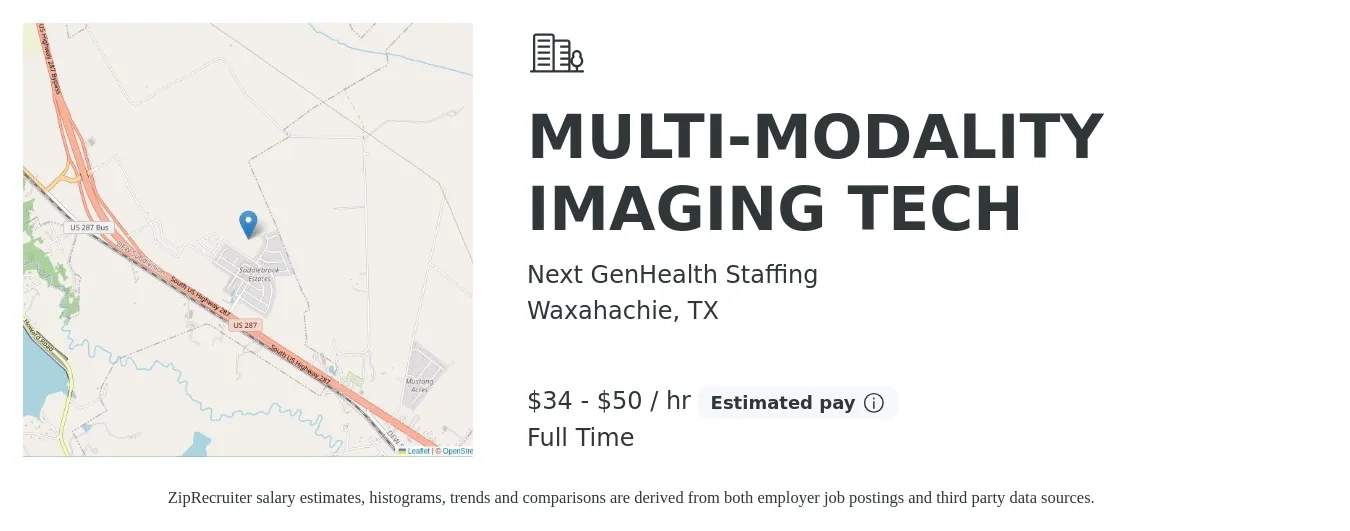 Next GenHealth Staffing job posting for a MULTI-MODALITY IMAGING TECH in Waxahachie, TX with a salary of $36 to $52 Hourly with a map of Waxahachie location.