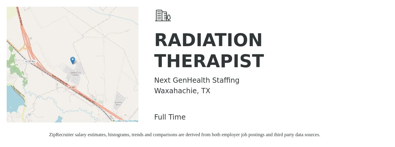 Next GenHealth Staffing job posting for a RADIATION THERAPIST in Waxahachie, TX with a salary of $42 to $59 Hourly with a map of Waxahachie location.