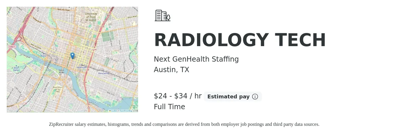 Next GenHealth Staffing job posting for a RADIOLOGY TECH in Austin, TX with a salary of $25 to $36 Hourly with a map of Austin location.