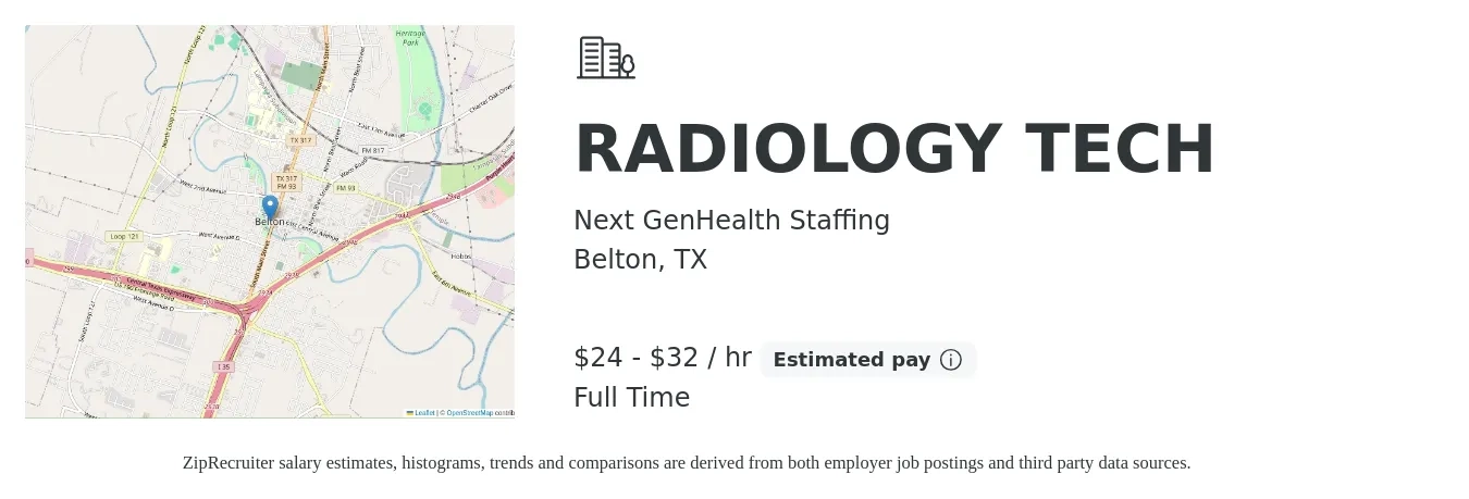 Next GenHealth Staffing job posting for a RADIOLOGY TECH in Belton, TX with a salary of $25 to $34 Hourly with a map of Belton location.