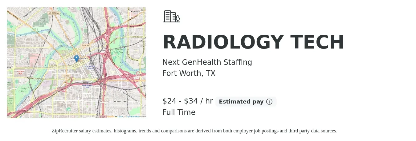 Next GenHealth Staffing job posting for a RADIOLOGY TECH in Fort Worth, TX with a salary of $25 to $36 Hourly with a map of Fort Worth location.