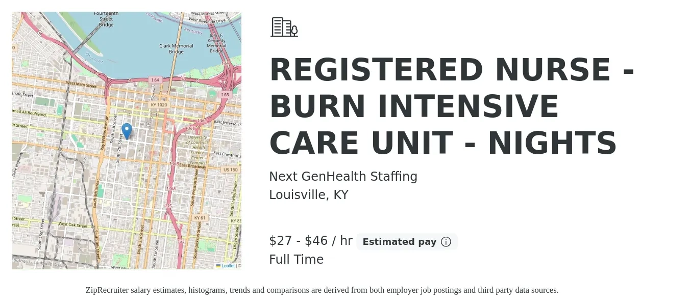 Next GenHealth Staffing job posting for a REGISTERED NURSE - BURN INTENSIVE CARE UNIT - NIGHTS in Louisville, KY with a salary of $29 to $48 Hourly with a map of Louisville location.