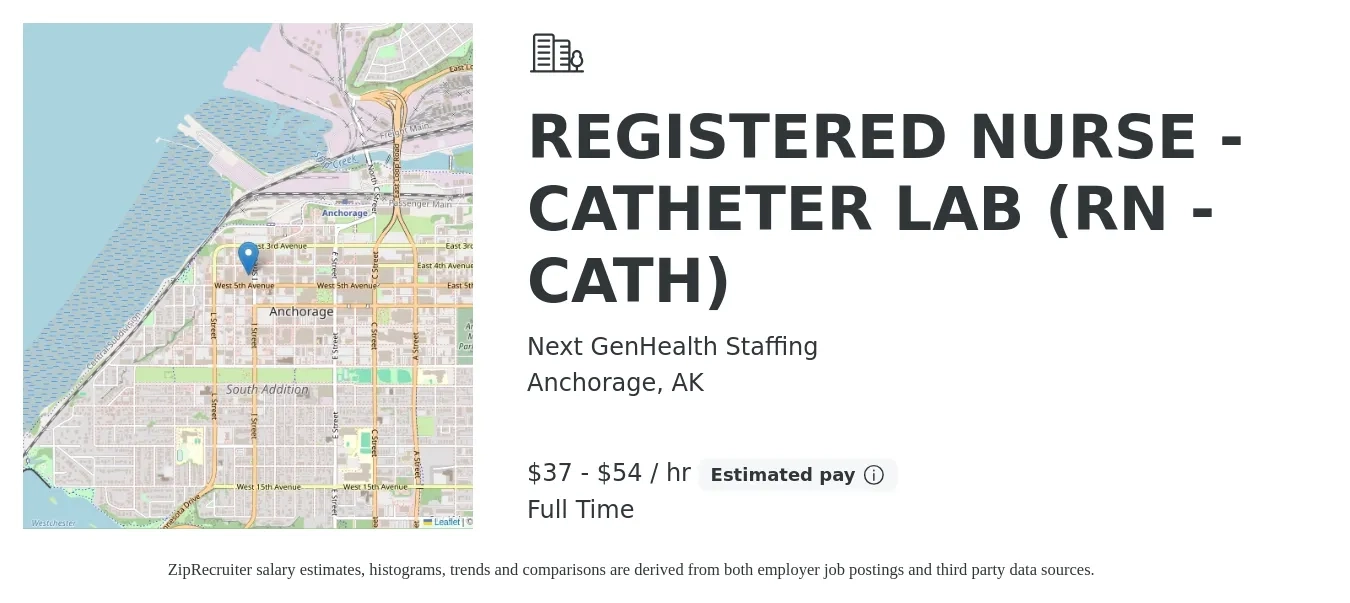 Next GenHealth Staffing job posting for a REGISTERED NURSE - CATHETER LAB (RN - CATH) in Anchorage, AK with a salary of $39 to $57 Hourly with a map of Anchorage location.