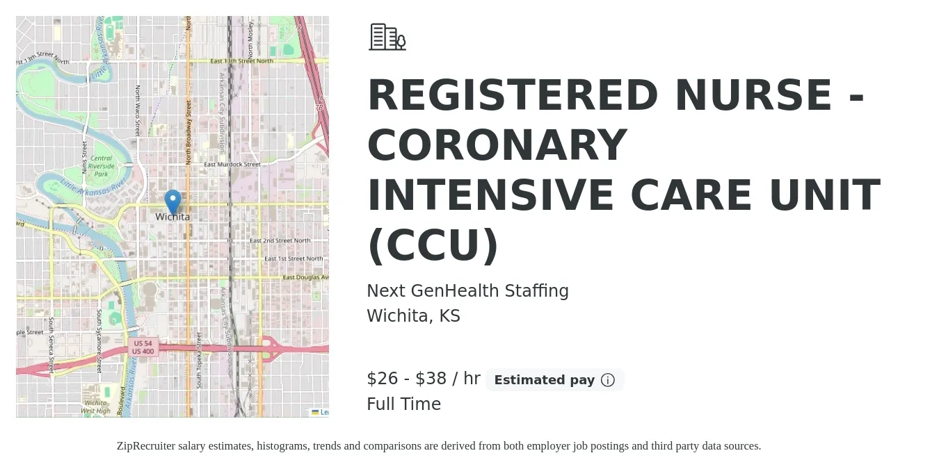 Next GenHealth Staffing job posting for a REGISTERED NURSE - CORONARY INTENSIVE CARE UNIT (CCU) in Wichita, KS with a salary of $28 to $40 Hourly with a map of Wichita location.