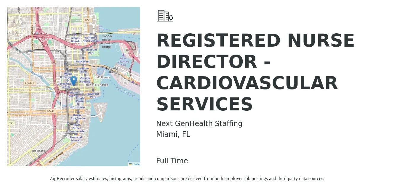 Next GenHealth Staffing job posting for a REGISTERED NURSE DIRECTOR - CARDIOVASCULAR SERVICES in Miami, FL with a salary of $79,400 to $120,000 Yearly with a map of Miami location.